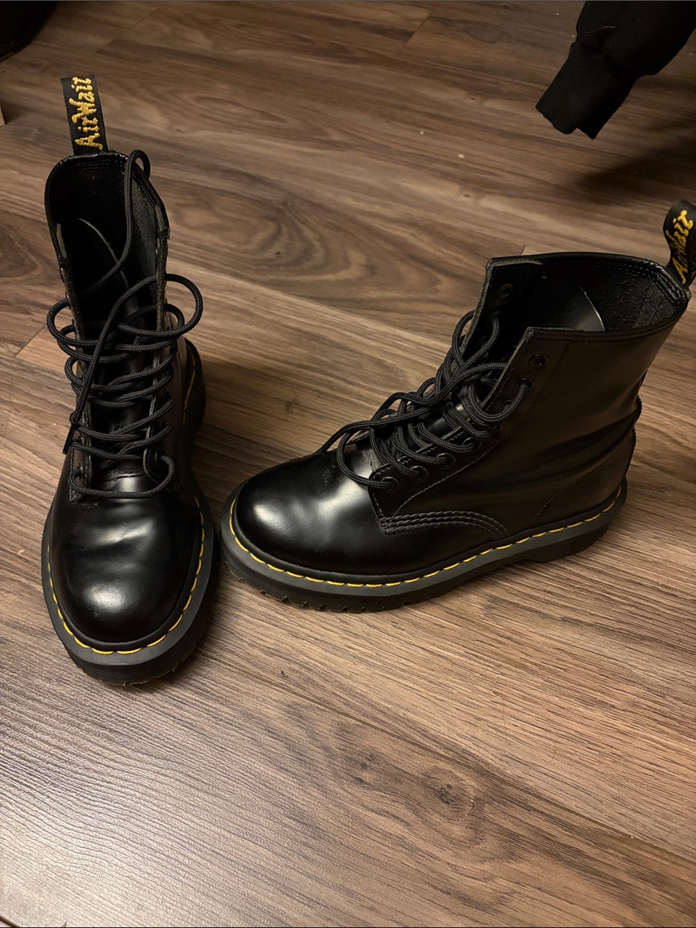 Dr. Martens Black Leather Combat Boots with Yellow Stitching